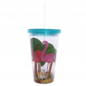 Flamingo plastmugg med lock och sugrör