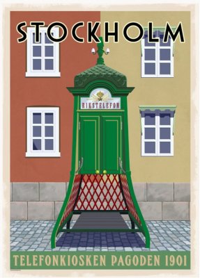 Telefonkiosk stockholm pedagogen turist turism retro poster affisch konsttryck